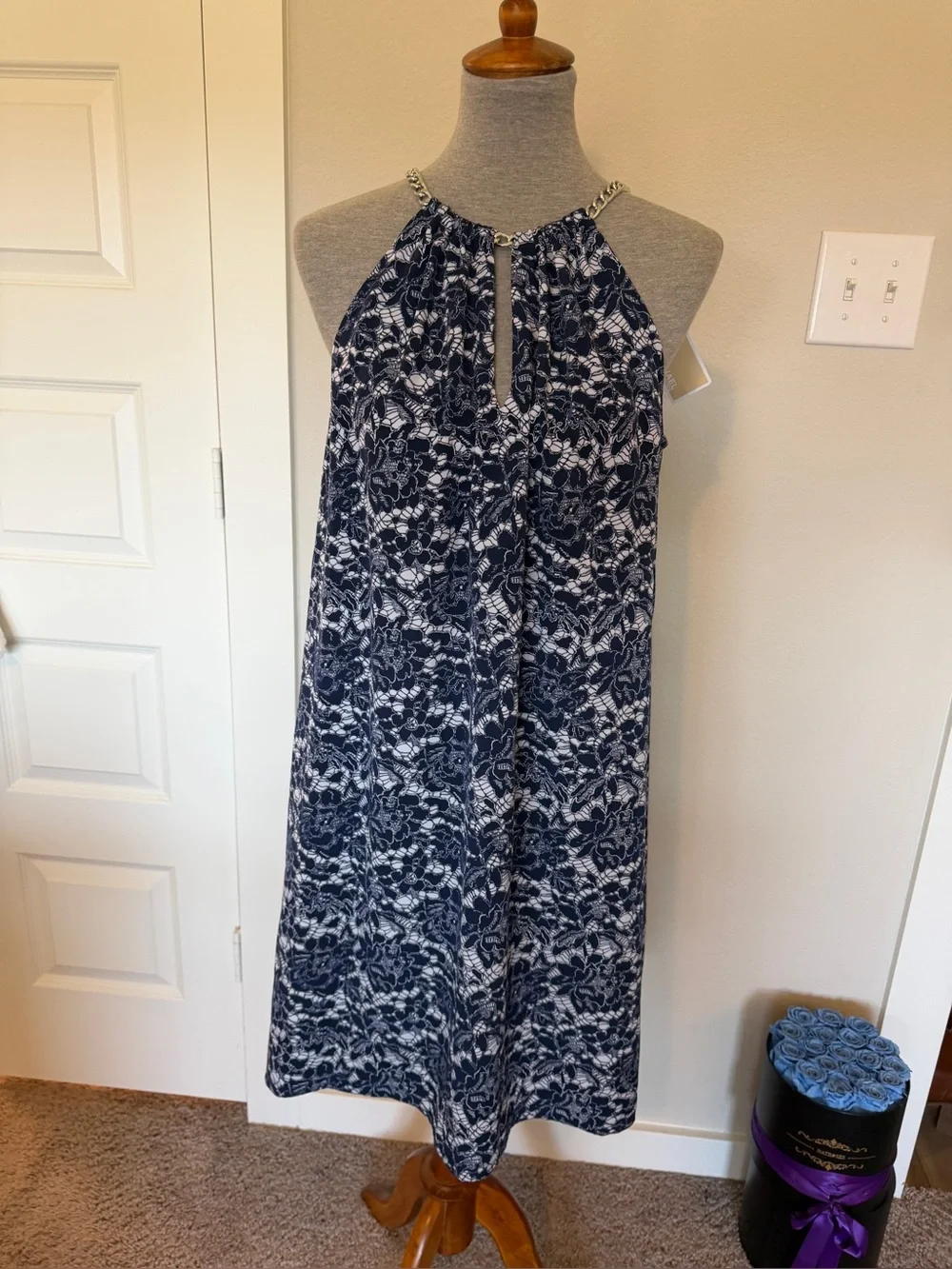 Michael Kors Navy and White Floral Halter Midi Dress with Chain Trim
